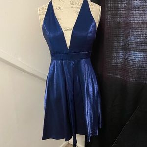 Lulu’s Deep V Shimmering Blue Skater Dress